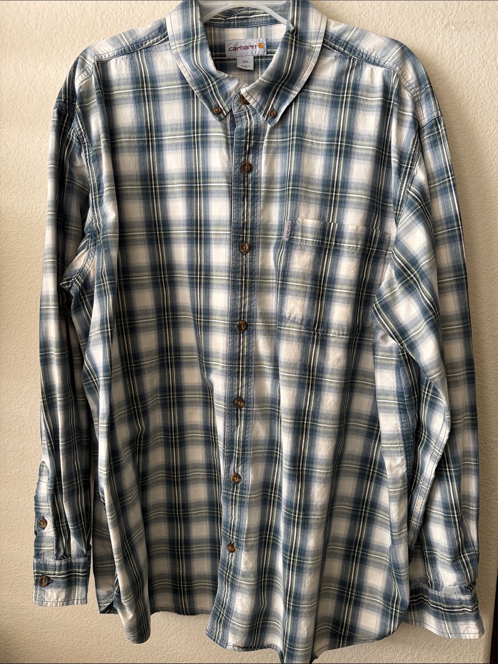 Carhartt Men's White and Blue Plaid Button-Down Shirt 2XL